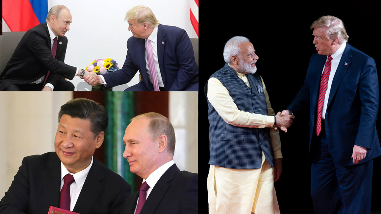 arriba, izq.: Putin y Trump; arriba, der.: Modi y Trump; abajo, izq.: Xi y Putin arriba, izq.: Putin y Trump; arriba, der.: Modi y Trump; abajo, izq.: Xi y Putin