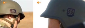 Nazi symbols on helmets worn by members of Ukraine's Azov battalion. (As filmed by a Norwegian film crew and shown on German TV)