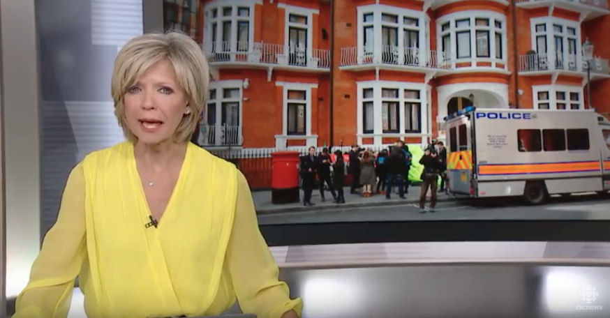 CBC TV covering Assange expulsion. (YouTube)